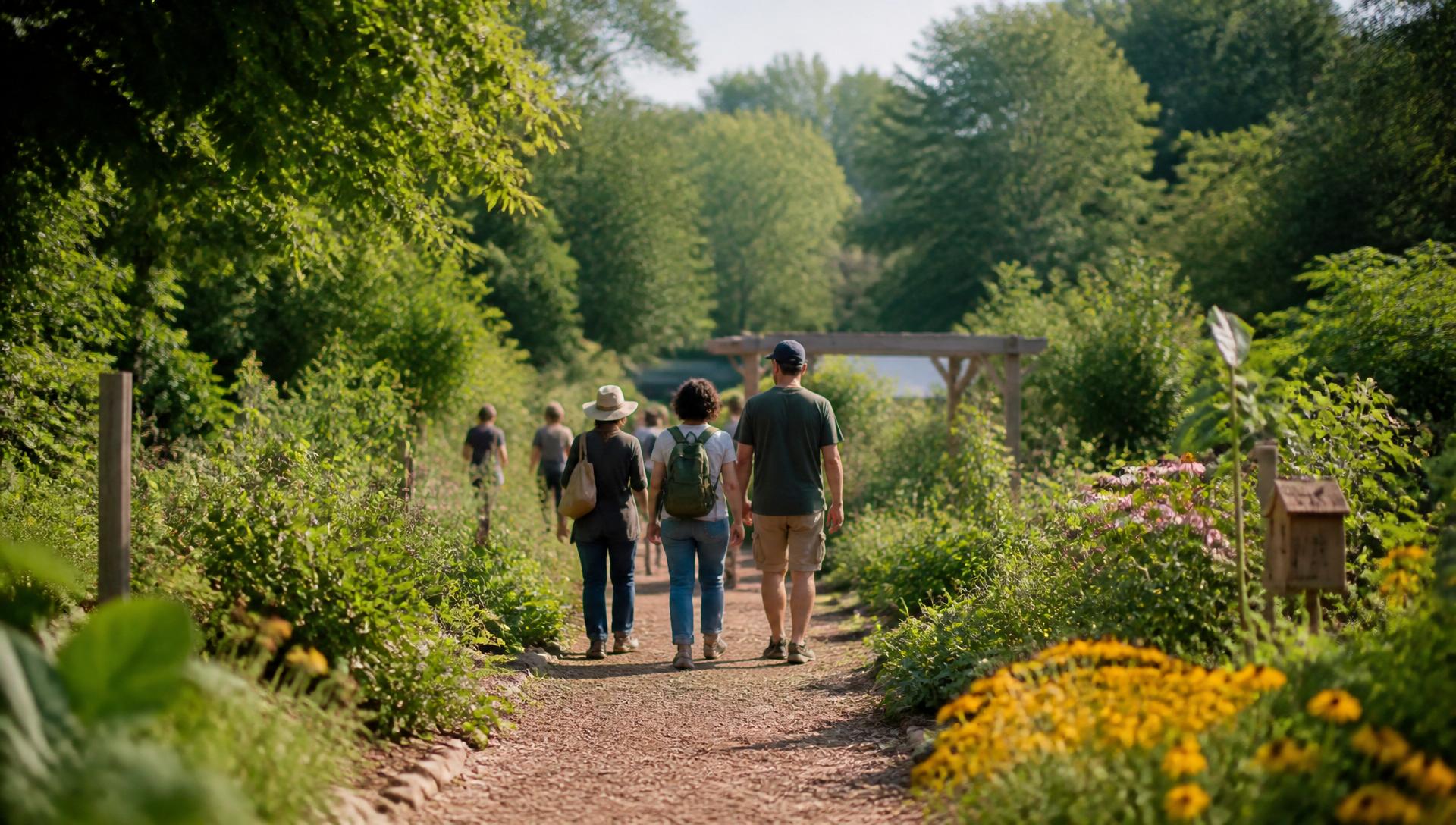Een open pad door een tuin. Mensen lopen samen verder.