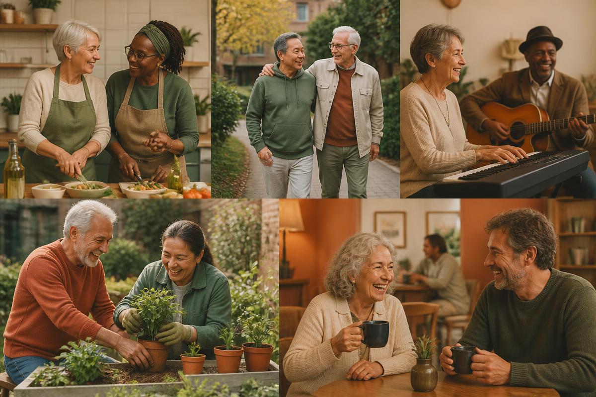 Een collage van dagelijkse momenten: samen koken, wandelen, muziek maken, tuinieren, koffie drinken.